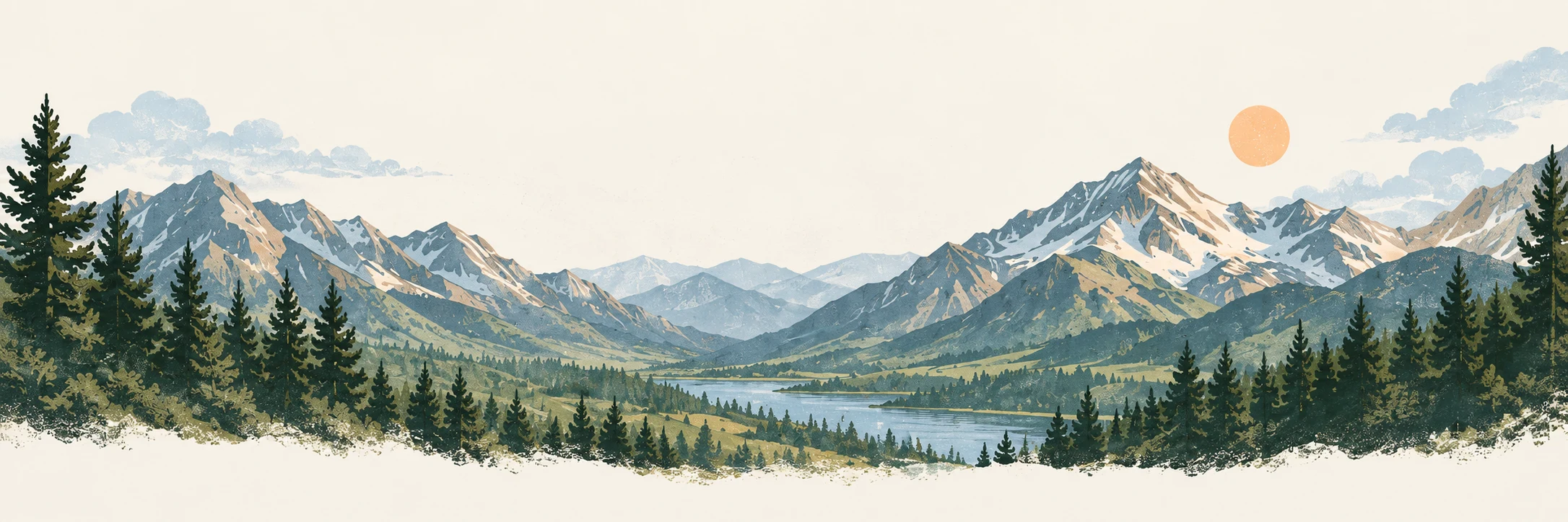 Illustrated mountain valley with pine forests and a warm sun